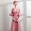 Modern / Fashion Candy Pink Lace Evening Dresses  2018 A-Line / Princess Pearl V-Neck 1/2 Sleeves Bow Sash Floor-Length / Long Ruffle Backless Formal Dresses