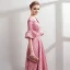 Modern / Fashion Candy Pink Lace Evening Dresses  2018 A-Line / Princess Pearl V-Neck 1/2 Sleeves Bow Sash Floor-Length / Long Ruffle Backless Formal Dresses