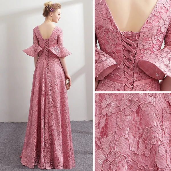 Modern / Fashion Candy Pink Lace Evening Dresses 2018 A-Line / Princess Pearl V-Neck 1/2 Sleeves Bow Sash Floor-Length / Long Ruffle Backless Formal Dresses