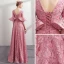 Modern / Fashion Candy Pink Lace Evening Dresses  2018 A-Line / Princess Pearl V-Neck 1/2 Sleeves Bow Sash Floor-Length / Long Ruffle Backless Formal Dresses