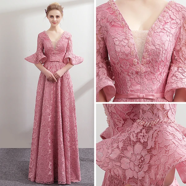 Modern / Fashion Candy Pink Lace Evening Dresses 2018 A-Line / Princess Pearl V-Neck 1/2 Sleeves Bow Sash Floor-Length / Long Ruffle Backless Formal Dresses