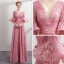 Modern / Fashion Candy Pink Lace Evening Dresses  2018 A-Line / Princess Pearl V-Neck 1/2 Sleeves Bow Sash Floor-Length / Long Ruffle Backless Formal Dresses