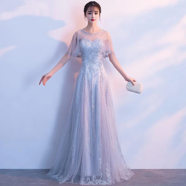 Elegant Grey Evening Dresses 2018 A-Line / Princess Scoop Neck Short Sleeve Rhinestone Floor-Length / Long Ruffle Backless Formal Dresses