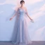 Elegant Grey Evening Dresses  2018 A-Line / Princess Scoop Neck Short Sleeve Rhinestone Floor-Length / Long Ruffle Backless Formal Dresses