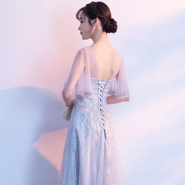 Elegant Grey Evening Dresses 2018 A-Line / Princess Scoop Neck Short Sleeve Rhinestone Floor-Length / Long Ruffle Backless Formal Dresses