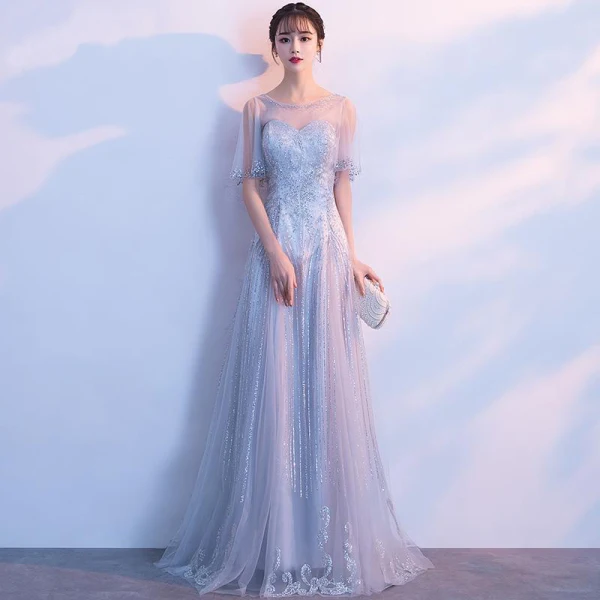 Elegant Grey Evening Dresses 2018 A-Line / Princess Scoop Neck Short Sleeve Rhinestone Floor-Length / Long Ruffle Backless Formal Dresses