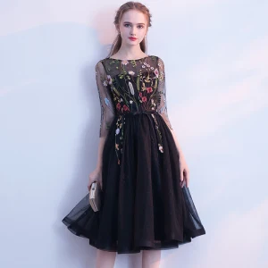 Modern Fashion Black Homecoming Graduation Dresses 2018 A Line Princess Square Neckline 3 4 Sleeve Appliques Lace Sash Knee Length Ruffle Formal Dresses