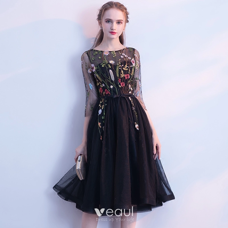 Modern / Fashion Black Homecoming Graduation Dresses 2018 A-Line / Princess  Square Neckline 3/4 Sleeve Appliques Lace Sash Knee-Length Ruffle Formal  Dresses