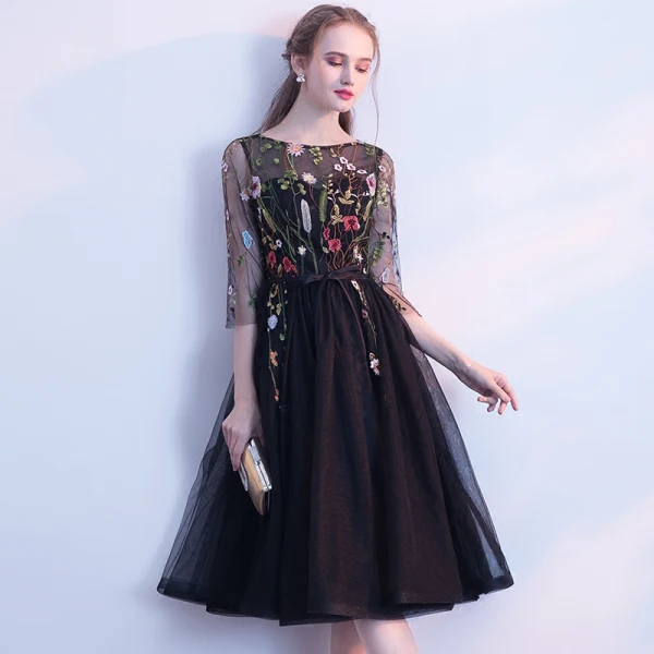 Modern / Fashion Black Homecoming Graduation Dresses 2018 A-Line / Princess Square Neckline 3/4 Sleeve Appliques Lace Sash Knee-Length Ruffle Formal Dresses