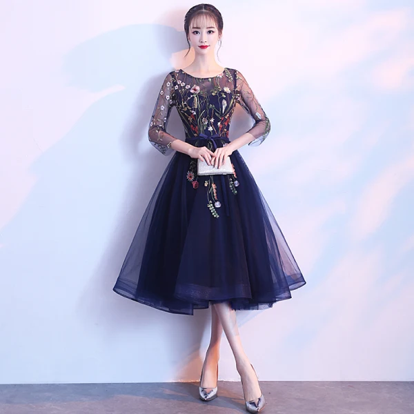 Modern / Fashion Black Homecoming Graduation Dresses 2018 A-Line / Princess Square Neckline 3/4 Sleeve Appliques Lace Sash Knee-Length Ruffle Formal Dresses