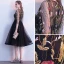 Modern / Fashion Black Homecoming Graduation Dresses 2018 A-Line / Princess Square Neckline 3/4 Sleeve Appliques Lace Sash Knee-Length Ruffle Formal Dresses
