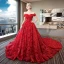Luxury / Gorgeous Red Lace Wedding Dresses 2018 Ball Gown Off-The-Shoulder Short Sleeve Backless Rhinestone Beading Sequins Ruffle Royal Train