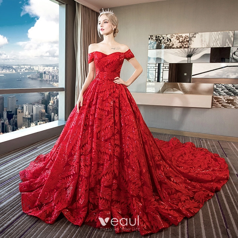 Luxury Gorgeous Red Lace Wedding Dresses 2018 Ball Gown Off The Shoulder Short Sleeve Backless Rhinestone Beading Sequins Ruffle Royal Train