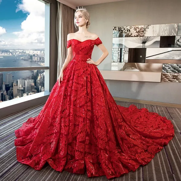 Red Royal Train Wedding Dresses Veaul