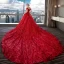 Luxury / Gorgeous Red Lace Wedding Dresses 2018 Ball Gown Off-The-Shoulder Short Sleeve Backless Rhinestone Beading Sequins Ruffle Royal Train