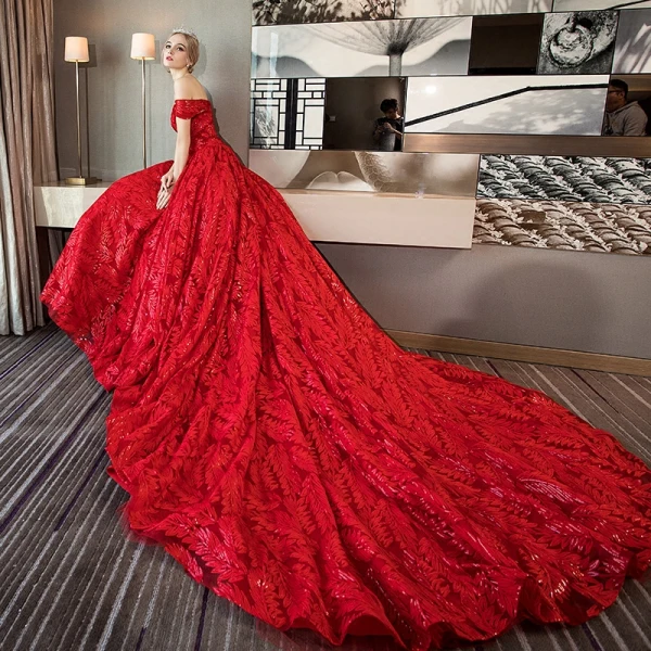Luxury / Gorgeous Red Lace Wedding Dresses 2018 Ball Gown Off-The-Shoulder Short Sleeve Backless Rhinestone Beading Sequins Ruffle Royal Train