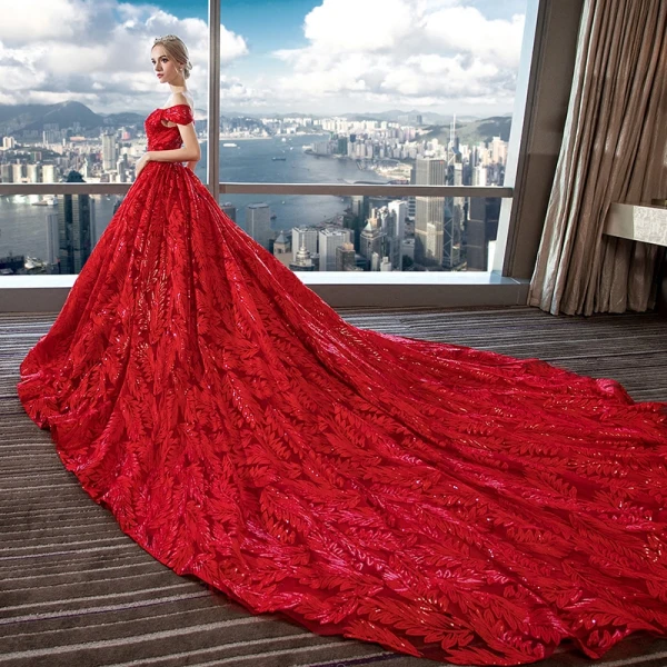 Luxury / Gorgeous Red Lace Wedding Dresses 2018 Ball Gown Off-The-Shoulder Short Sleeve Backless Rhinestone Beading Sequins Ruffle Royal Train