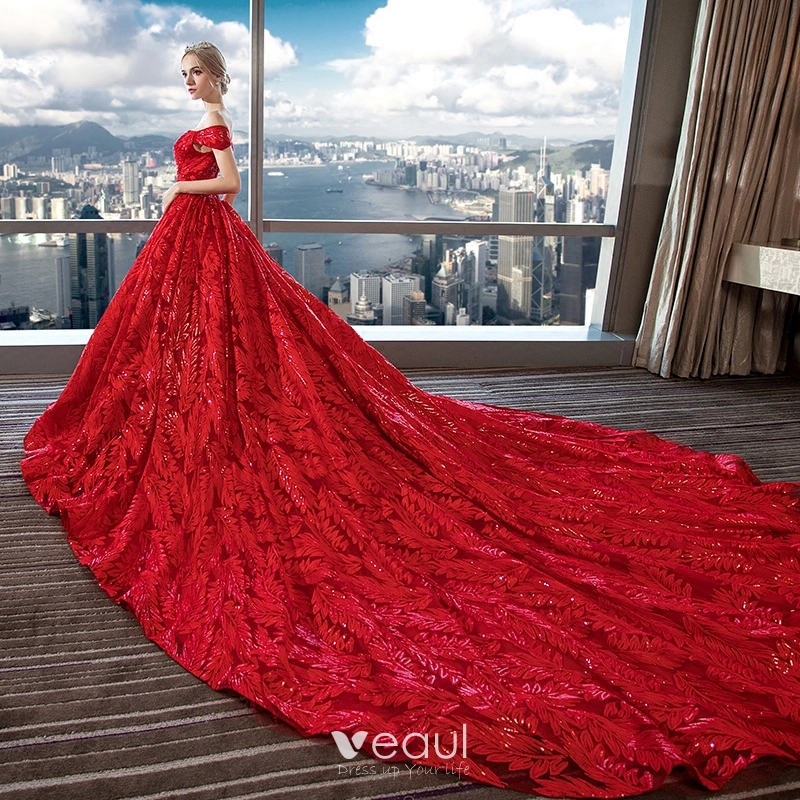 Luxury Gorgeous Red Lace Wedding Dresses 2018 Ball Gown Off The Shoulder  Short Sleeve Backless Rhinestone Beading Sequins Ruffle Royal Train