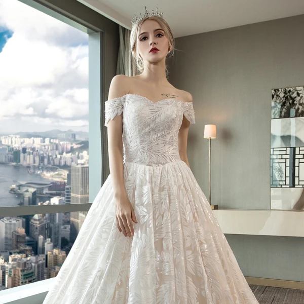 Luxury / Gorgeous Red Lace Wedding Dresses 2018 Ball Gown Off-The-Shoulder Short Sleeve Backless Rhinestone Beading Sequins Ruffle Royal Train