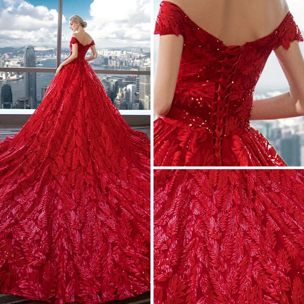 Luxury / Gorgeous Red Lace Wedding Dresses 2018 Ball Gown Off-The-Shoulder Short Sleeve Backless Rhinestone Beading Sequins Ruffle Royal Train