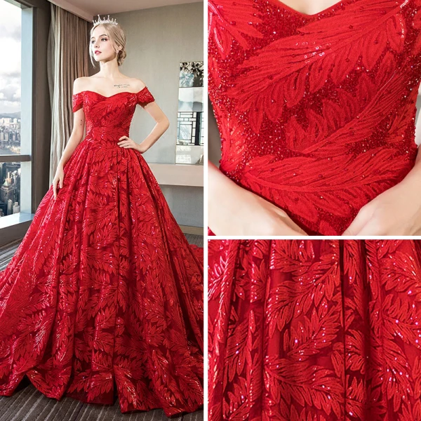 Luxury / Gorgeous Red Lace Wedding Dresses 2018 Ball Gown Off-The-Shoulder Short Sleeve Backless Rhinestone Beading Sequins Ruffle Royal Train