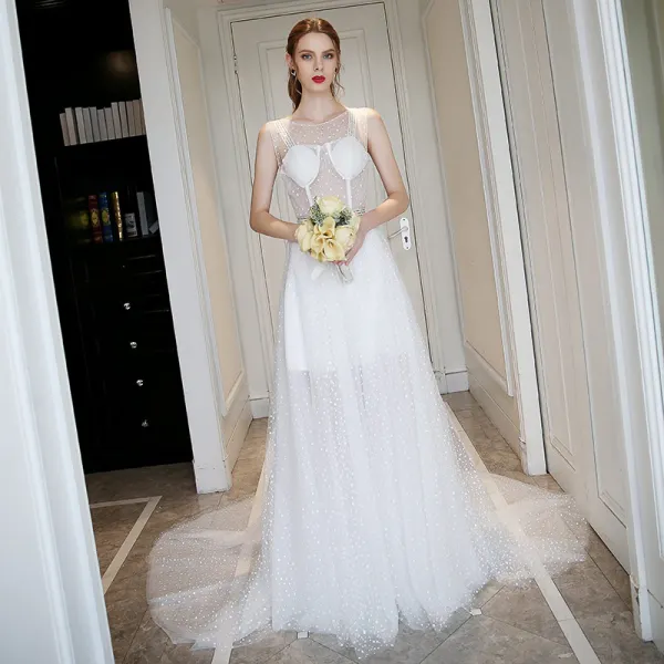 Sexy Ivoire Transparentes Robe De Soirée 2018 Princesse Encolure Dégagée Sans Manches Tachetée Ceinture Tribunal Train Volants Dos Nu Robe De Ceremonie