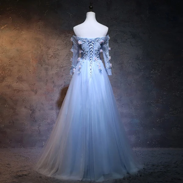 Elegant Sky Blue Prom Dresses 2018 A-Line / Princess Off-The-Shoulder Long Sleeve Appliques Lace Flower Pearl Sash Floor-Length / Long Ruffle Backless