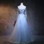 Elegant Sky Blue Prom Dresses 2018 A-Line / Princess Off-The-Shoulder Long Sleeve Appliques Lace Flower Pearl Sash Floor-Length / Long Ruffle Backless