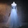 Elegant Sky Blue Prom Dresses 2018 A-Line / Princess Off-The-Shoulder Long Sleeve Appliques Lace Flower Pearl Sash Floor-Length / Long Ruffle Backless