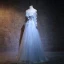 Elegant Sky Blue Prom Dresses 2018 A-Line / Princess Off-The-Shoulder Long Sleeve Appliques Lace Flower Pearl Sash Floor-Length / Long Ruffle Backless