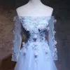 Elegant Sky Blue Prom Dresses 2018 A-Line / Princess Off-The-Shoulder Long Sleeve Appliques Lace Flower Pearl Sash Floor-Length / Long Ruffle Backless
