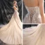 Chic / Belle Église Robe De Mariée 2017 En Dentelle Appliques Dos Nu Bretelles Spaghetti Sans Manches Cathedral Train Champagne Princesse