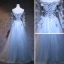 Elegant Sky Blue Prom Dresses 2018 A-Line / Princess Off-The-Shoulder Long Sleeve Appliques Lace Flower Pearl Sash Floor-Length / Long Ruffle Backless