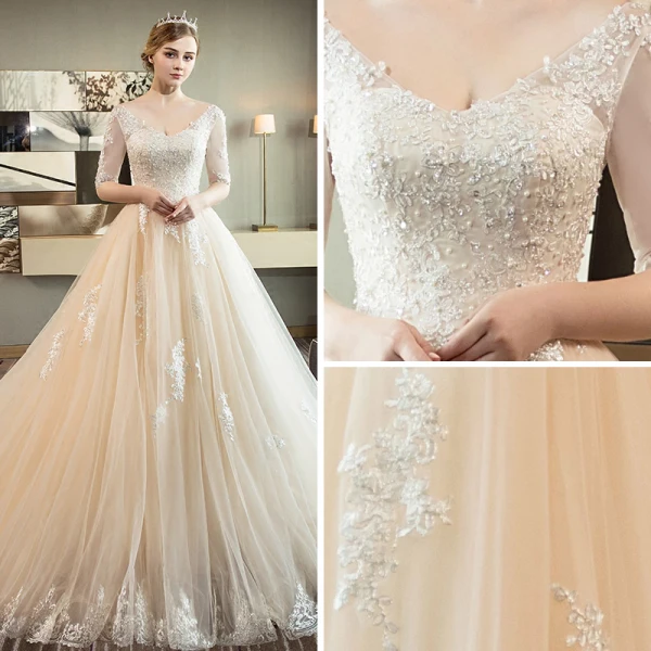 Elegant Champagne Wedding Dresses 2018 Ball Gown V-Neck 1/2 Sleeves Backless Appliques Lace Sequins Pearl Ruffle Cathedral Train