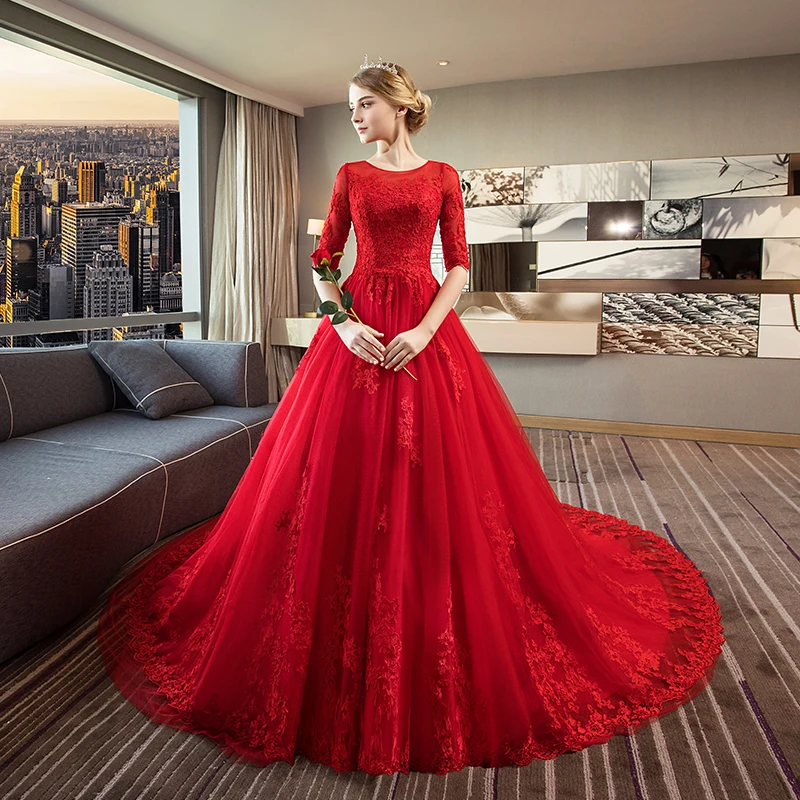 Elegant Red Wedding Dresses 2018 Ball Gown Scoop Neck 1 2 Sleeves Backless  Appliques Lace Ruffle Royal Train