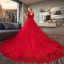 Elegante Rode Trouwjurken 2018 Baljurk Ronde Hals 1/2 Mouwen Ruglooze Appliques Kant Ruche Royal Train