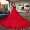 Elegant Red Wedding Dresses 2018 Ball Gown Scoop Neck 1/2 Sleeves Backless Appliques Lace Ruffle Royal Train