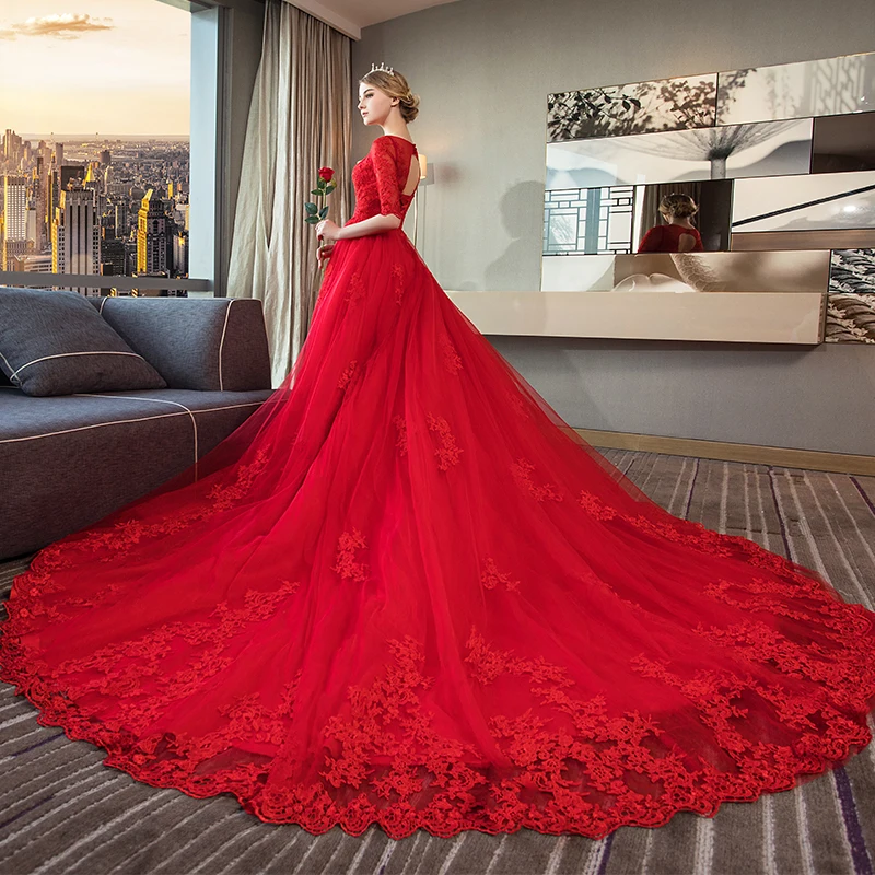 Elegant Red Wedding Dresses 2018 Ball Gown Scoop Neck 1 2 Sleeves Backless  Appliques Lace Ruffle Royal Train