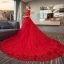 Elegante Rode Trouwjurken 2018 Baljurk Ronde Hals 1/2 Mouwen Ruglooze Appliques Kant Ruche Royal Train