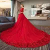 Elegant Red Wedding Dresses 2018 Ball Gown Scoop Neck 1/2 Sleeves Backless Appliques Lace Ruffle Royal Train