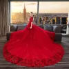 Elegante Rot Brautkleider 2018 Ballkleid Rundhalsausschnitt 1/2 Ärmel Rückenfreies Applikationen Mit Spitze Rüschen Königliche Schleppe