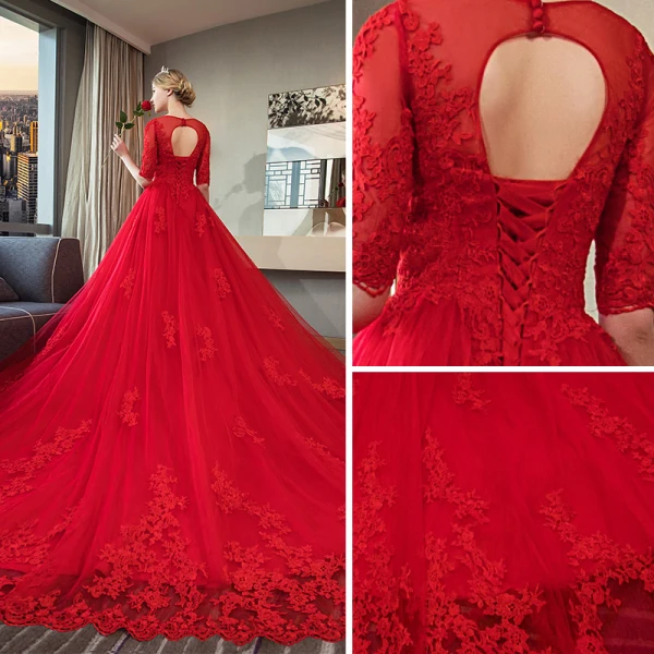 Elegante Rode Trouwjurken 2018 Baljurk Ronde Hals 1/2 Mouwen Ruglooze Appliques Kant Ruche Royal Train