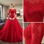 Elegante Rode Trouwjurken 2018 Baljurk Ronde Hals 1/2 Mouwen Ruglooze Appliques Kant Ruche Royal Train
