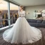 Schöne Ivory / Creme Durchsichtige Brautkleider 2018 Ballkleid V-Ausschnitt Lange Ärmel Rückenfreies Applikationen Mit Spitze Rüschen Königliche Schleppe