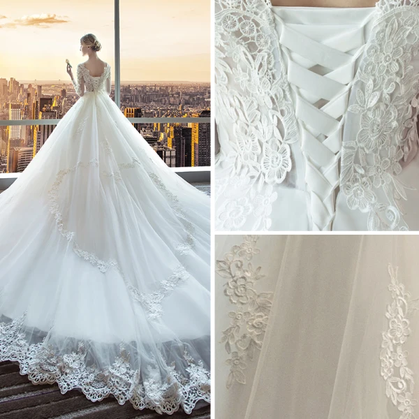 Schöne Ivory / Creme Durchsichtige Brautkleider 2018 Ballkleid V-Ausschnitt Lange Ärmel Rückenfreies Applikationen Mit Spitze Rüschen Königliche Schleppe