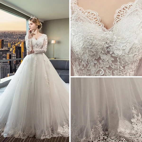Schöne Ivory / Creme Durchsichtige Brautkleider 2018 Ballkleid V-Ausschnitt Lange Ärmel Rückenfreies Applikationen Mit Spitze Rüschen Königliche Schleppe