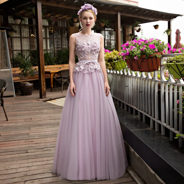 Elegant Lavender See-through Prom Dresses 2018 A-Line / Princess Scoop Neck Sleeveless Appliques Flower Pearl Rhinestone Sash Floor-Length / Long Elegant Lavender See-through Prom Dresses 2018 A-Line / Princess Scoop Neck Sleeveless Appliques Flower Pearl Rhinestone Sash Floor-Length / Long