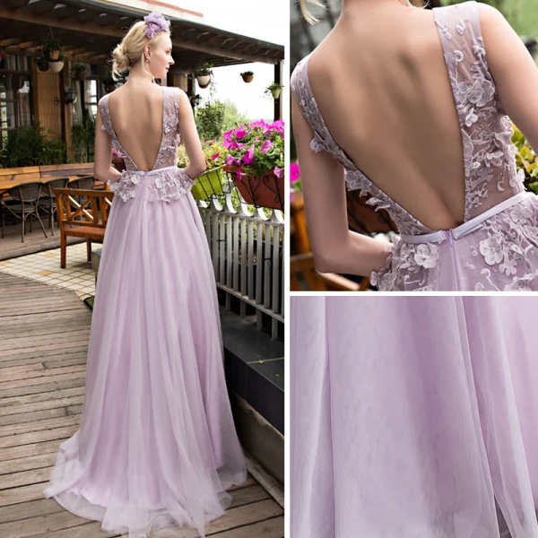 Elegant Lavender See-through Prom Dresses 2018 A-Line / Princess Scoop Neck Sleeveless Appliques Flower Pearl Rhinestone Sash Floor-Length / Long Ruffle