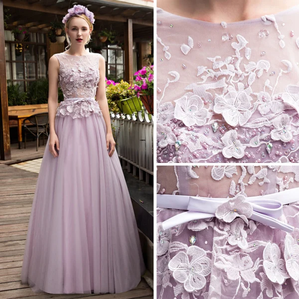 Elegant Lavender See-through Prom Dresses 2018 A-Line / Princess Scoop Neck Sleeveless Appliques Flower Pearl Rhinestone Sash Floor-Length / Long Ruffle
