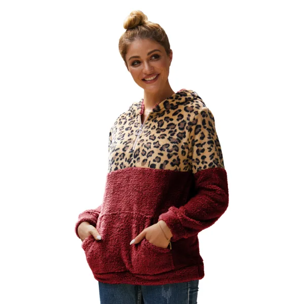 Comfortable Women Khaki Tops Leopard Hoodies 2021 Plush Loose Hooded Long Sleeve Casual Fall Winter Sweatshirts